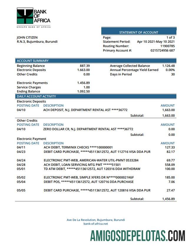 Burundi Bank Of Africa extrato bancário amostra